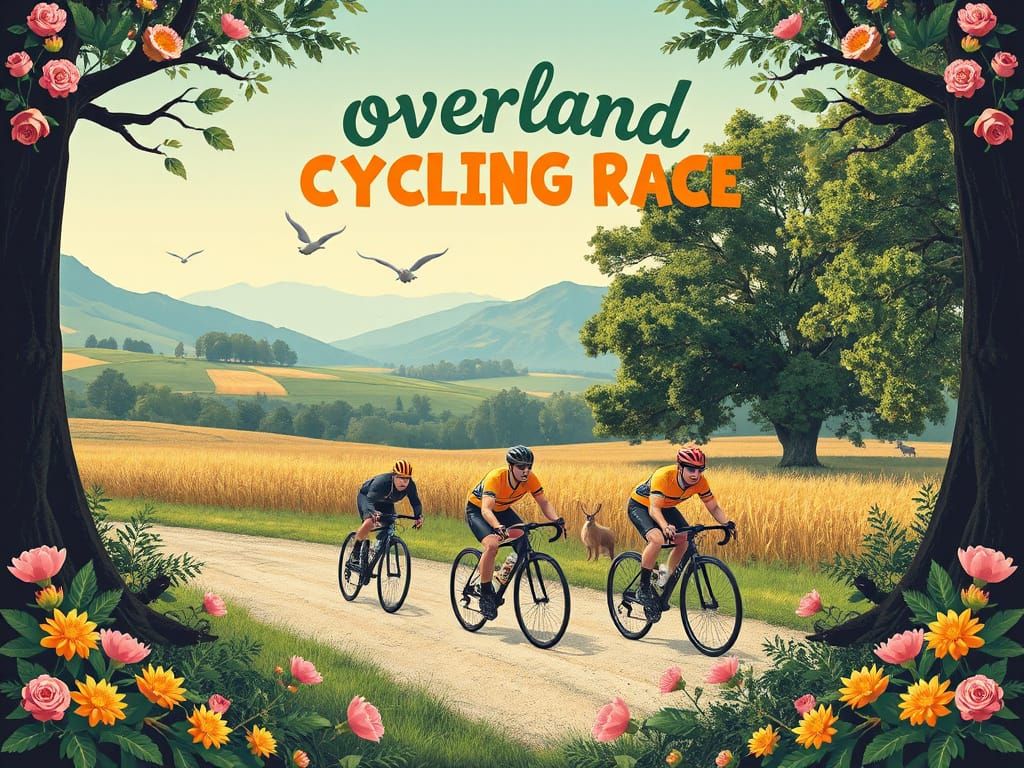 A poster : " Overland Cycling Race" through a nature-filled ...