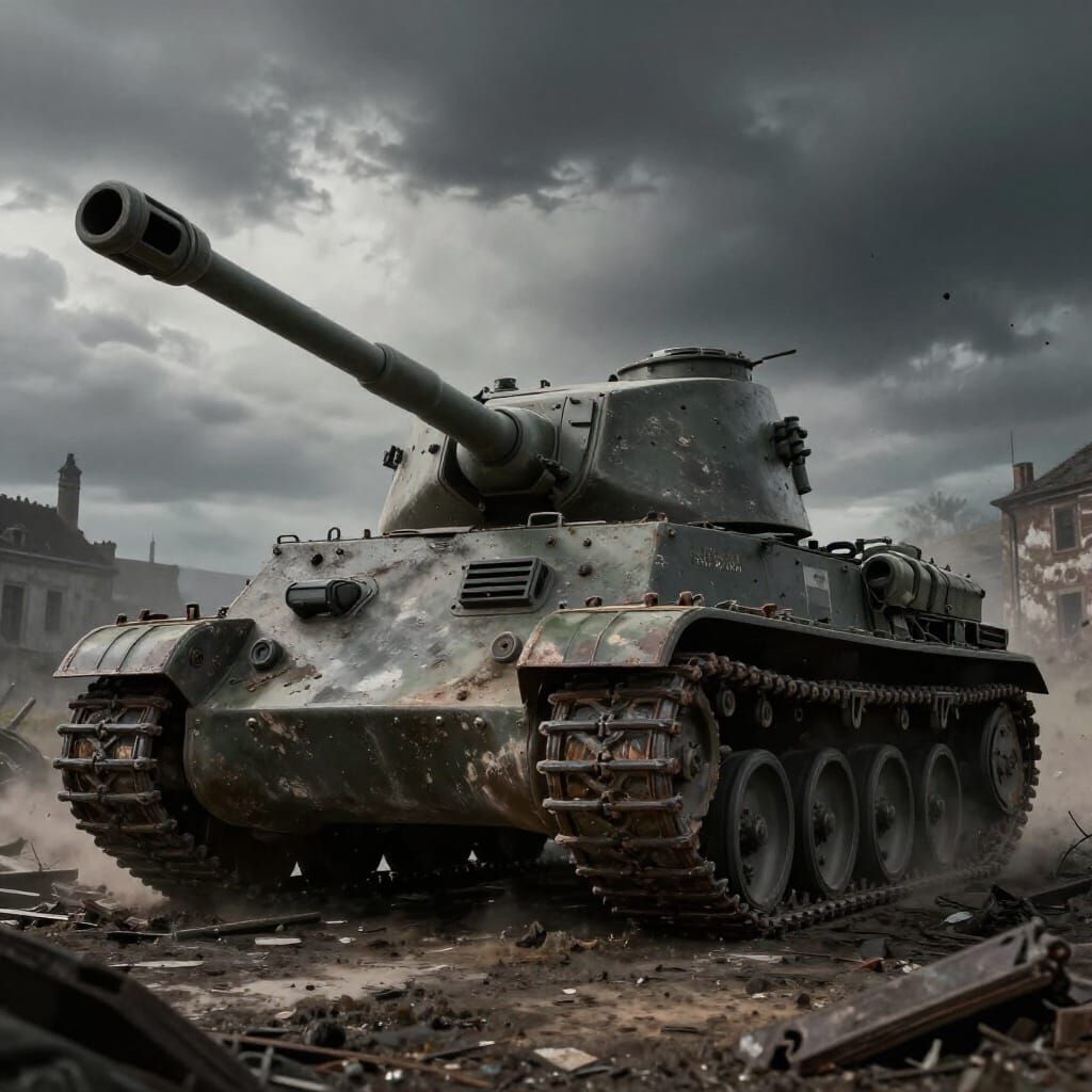 Panzer VIII Maus Tank in War-Torn Landscape
