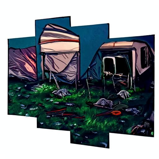 Eerie Abandoned Campsite Aftermath: Digital Illustration