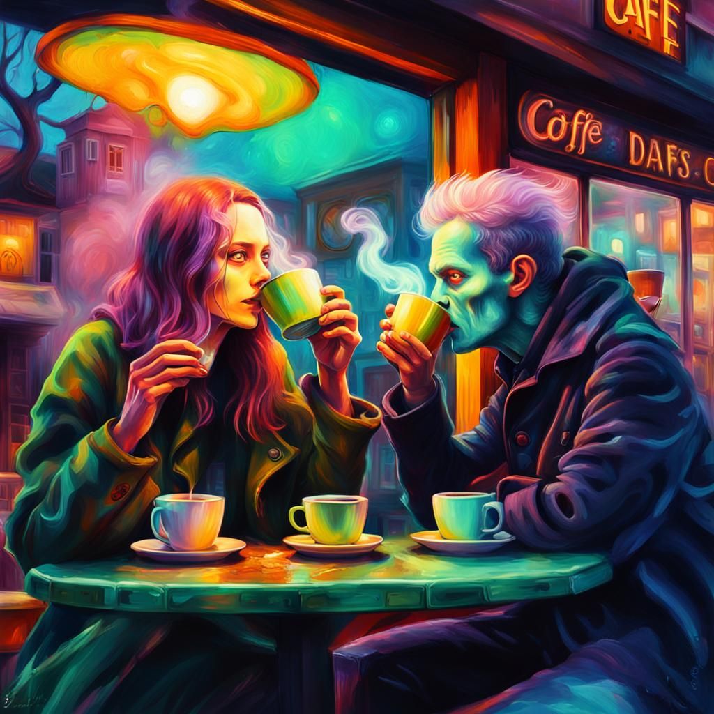 Surreal Couple Enjoy Coffee in Dreamy Cafe Scene
