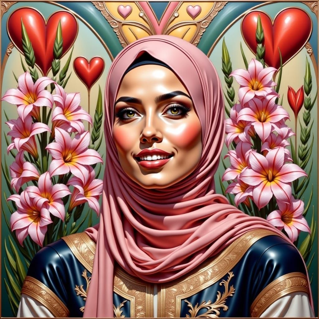 Elegant Hijab Portrait in Art Nouveau Style