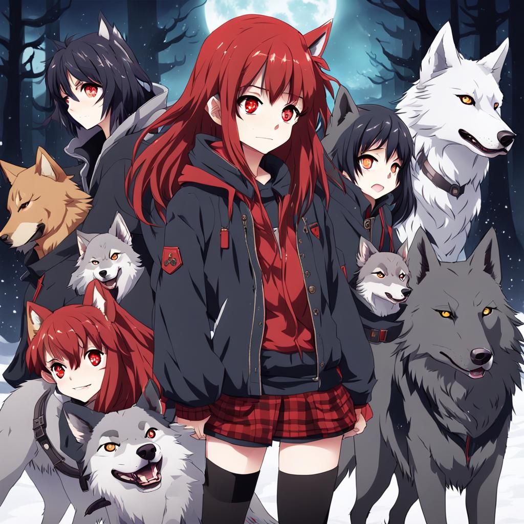 Anime Wolf Girl with Red and Black Details
