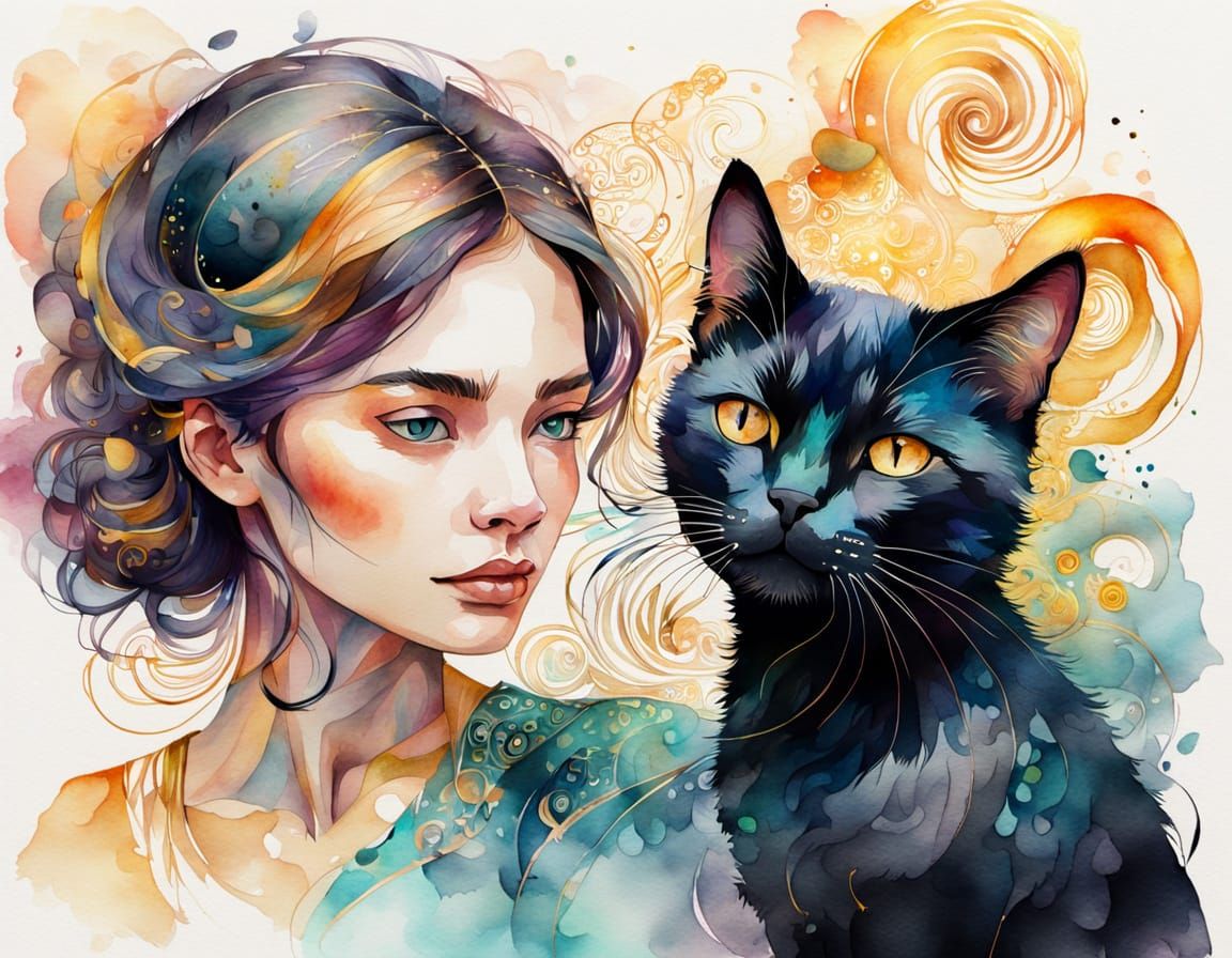 Vibrant Watercolor Portrait of Woman with Cat