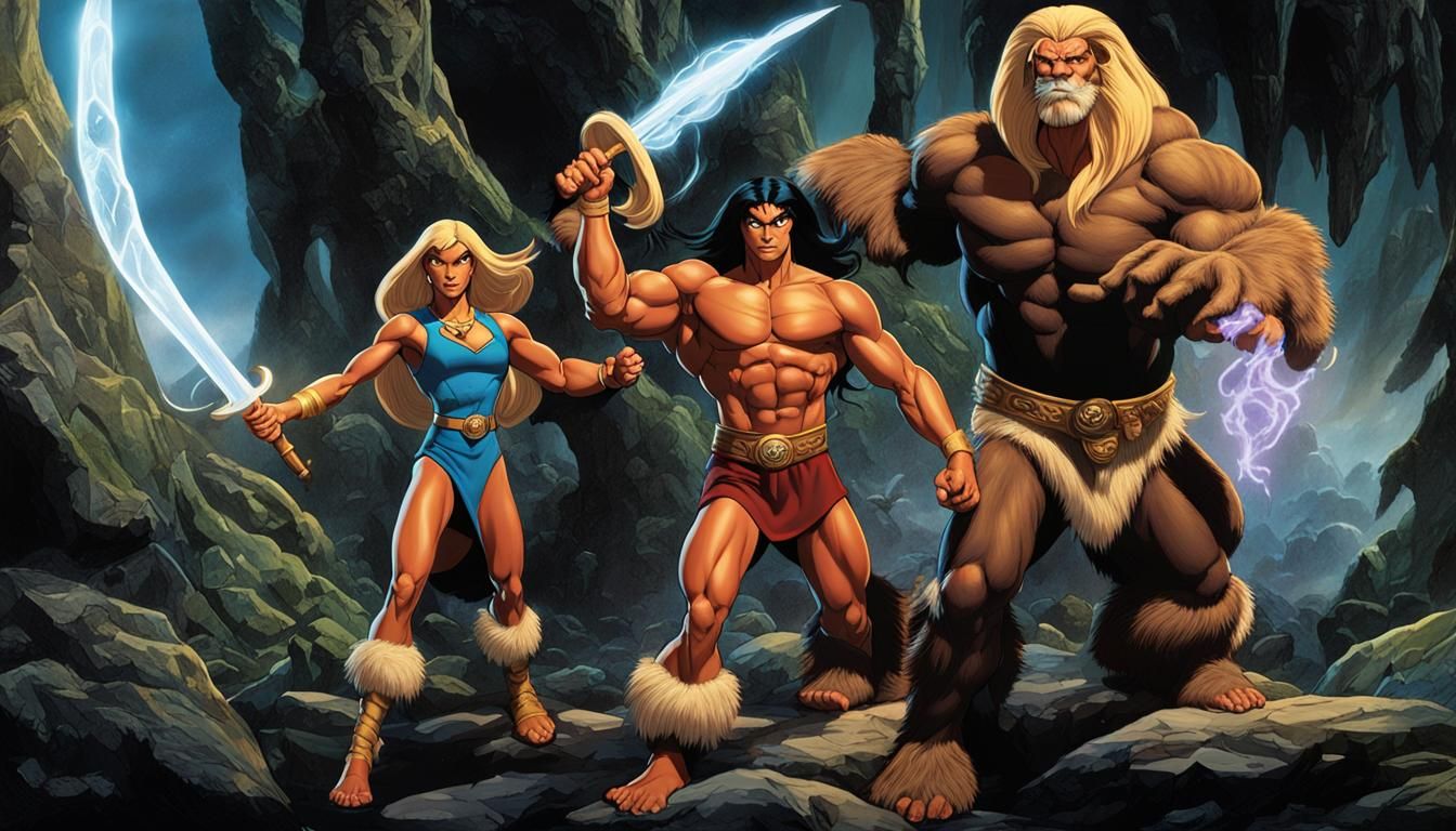 Barbarian, Beast-Man, and Sorceress in Action