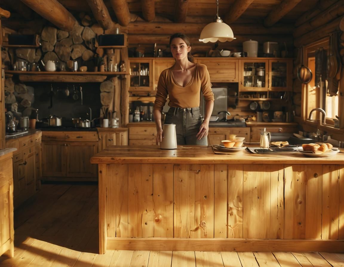 Rustic, log home, Dream Kitchen, Cinematic film still, film grain, vignette, color graded, post-processed, cinematic lig...