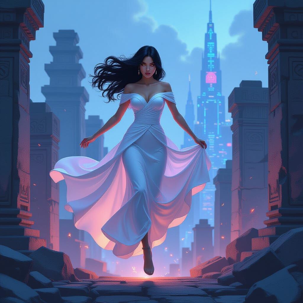 Woman Leaping Between Ruins and Cyberpunk City in Neon Futur...