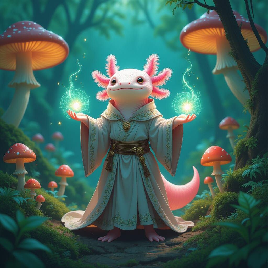 Bioluminescent Axolotl Mage Casting Spell in Enchanted Grove