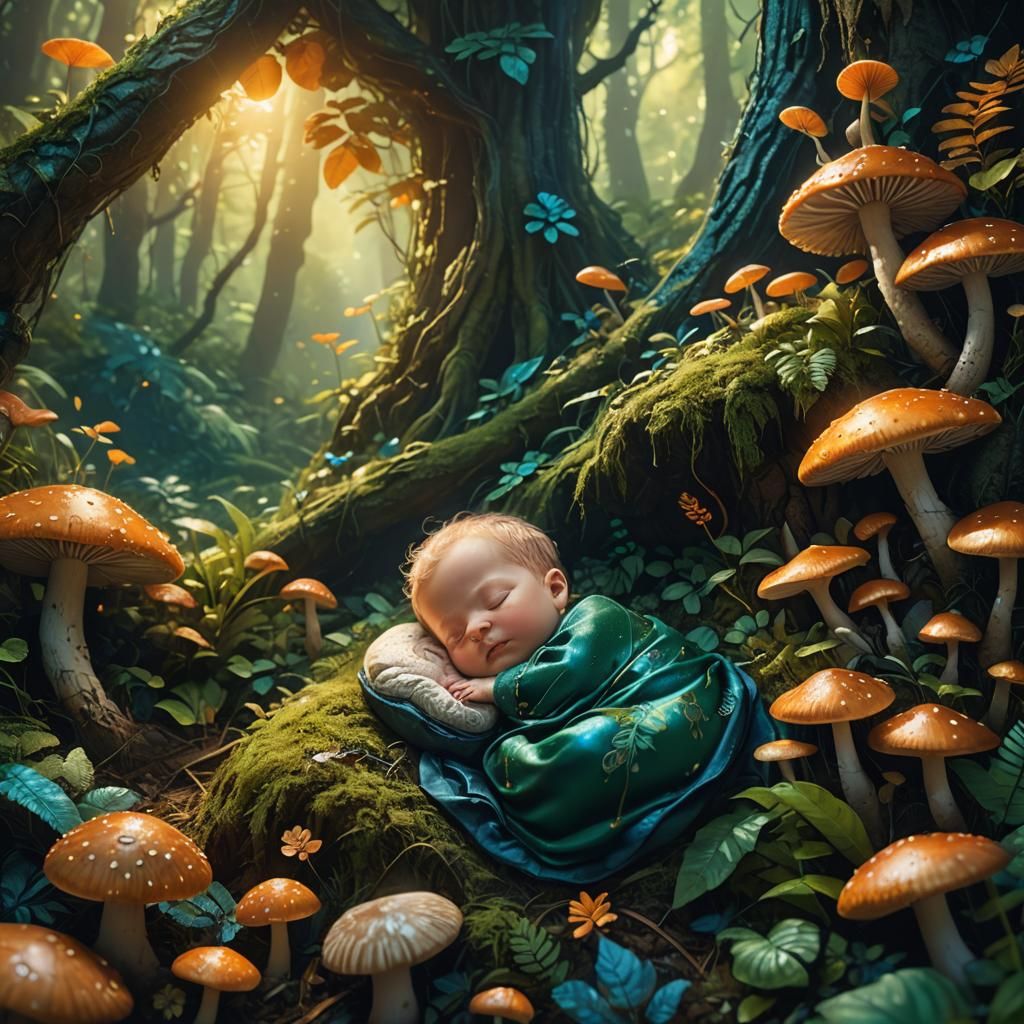 Baby Sleeping in Lush Forest: Fantasy Concept Art
