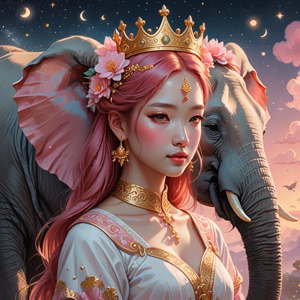 Pink Elephant with Golden Crown Holding Asian Girl