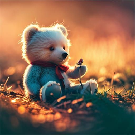 Adorable Teddy Bear in Rainbow Micro-Ecosystem