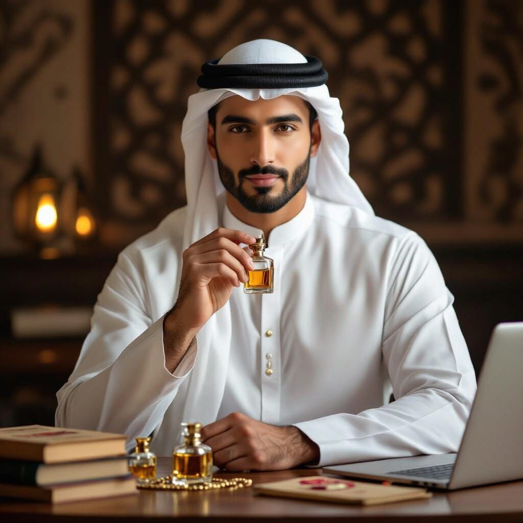 Elegant Man in Traditional Attire with Attar Bottle