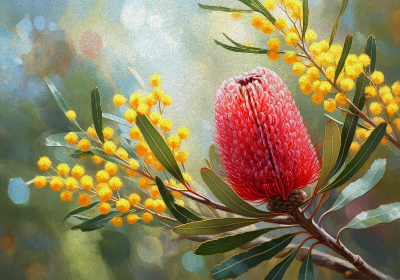 Australian Golden Wattle and Scarlet Banksia