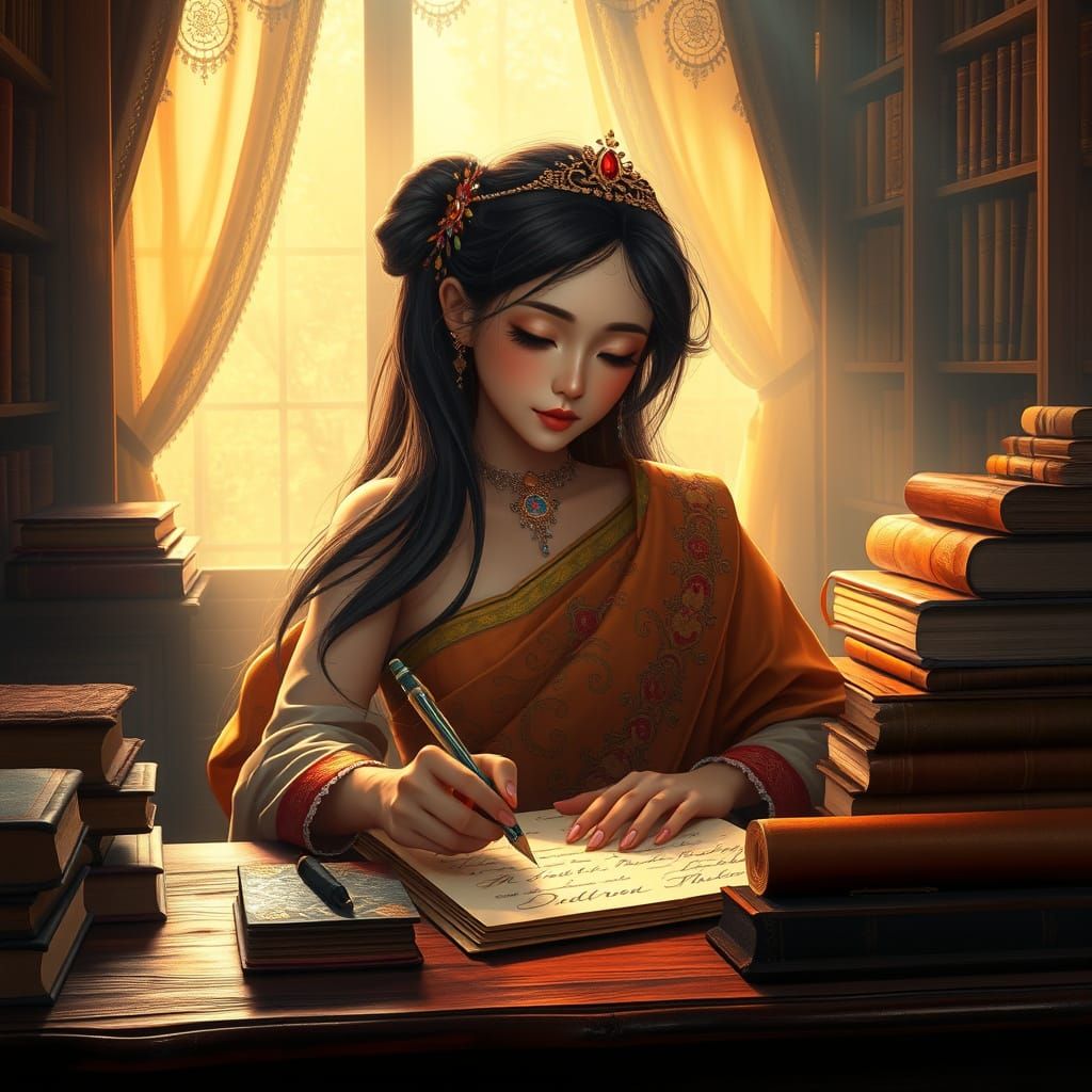 Ethereal Thai Lady in Golden Library