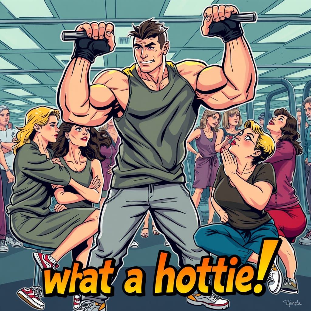 A young muscle man in a gym, gigantic muscles, lifting extremely tiny barbell in one hand. Middle-aged women who are sli...