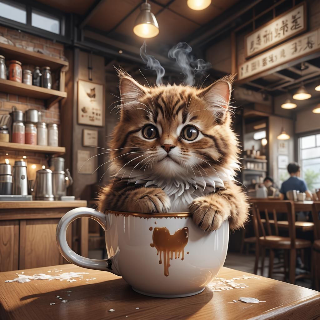 Fluffy Kitten in Mug: 3D Anime Art
