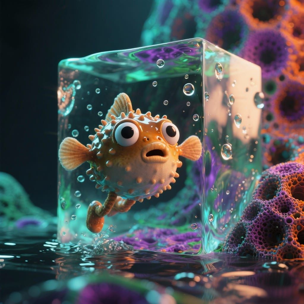 Surreal Pufferfish Puppet in Ethereal Oil Paint Style