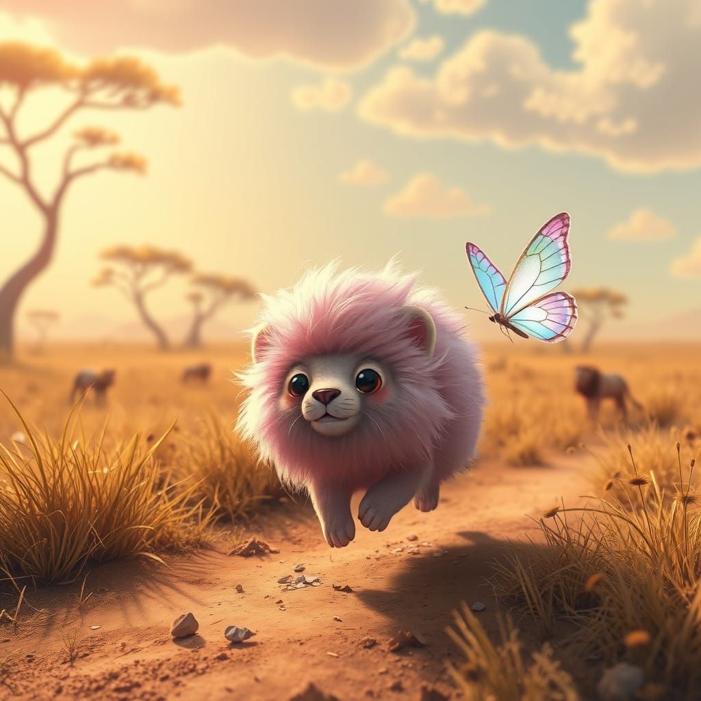Surreal Pink Lion Cub Chases Iridescent Crystal Butterfly in...