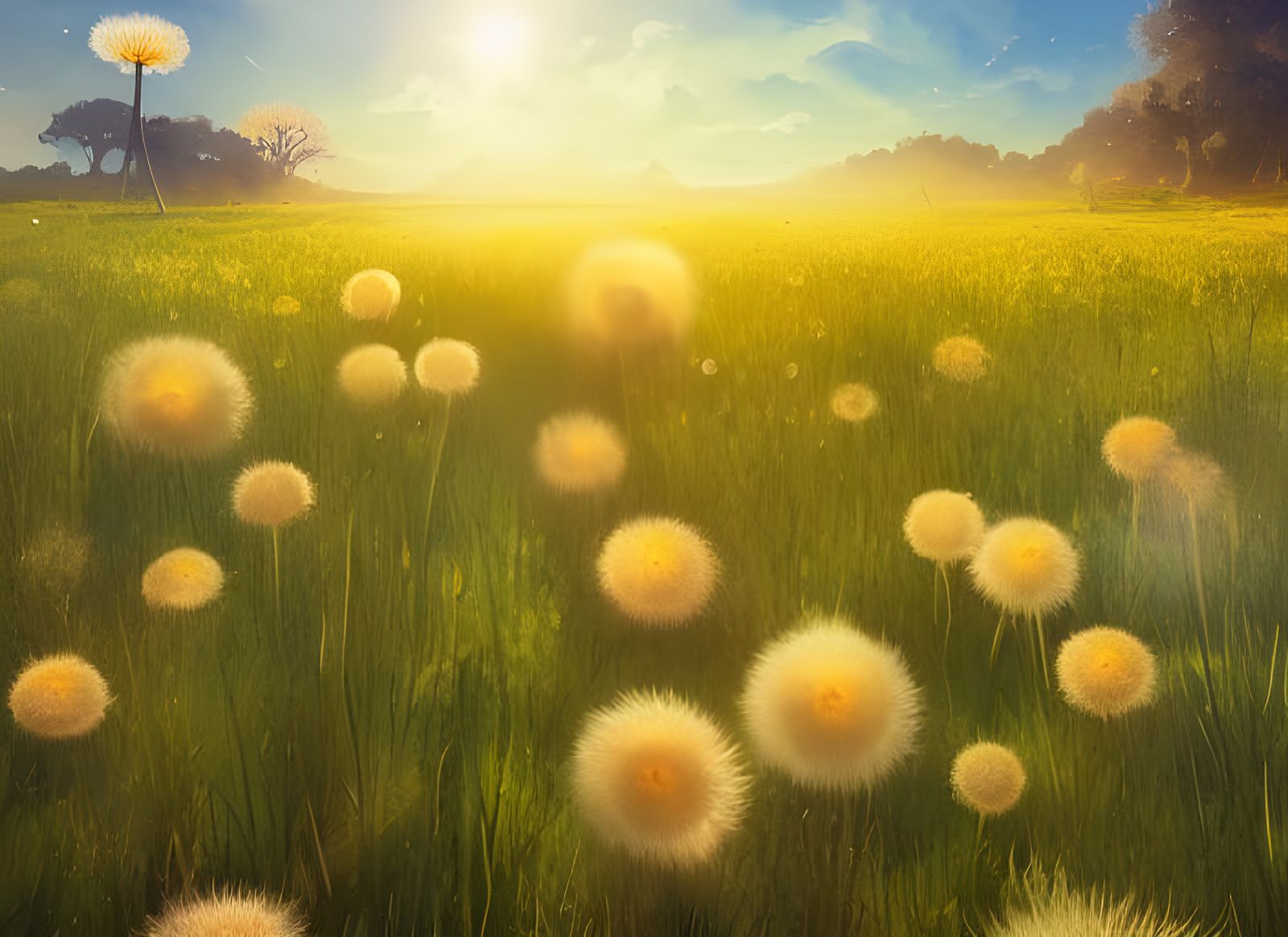 Giant Dandelions Field, Watercolor Ghibli Style