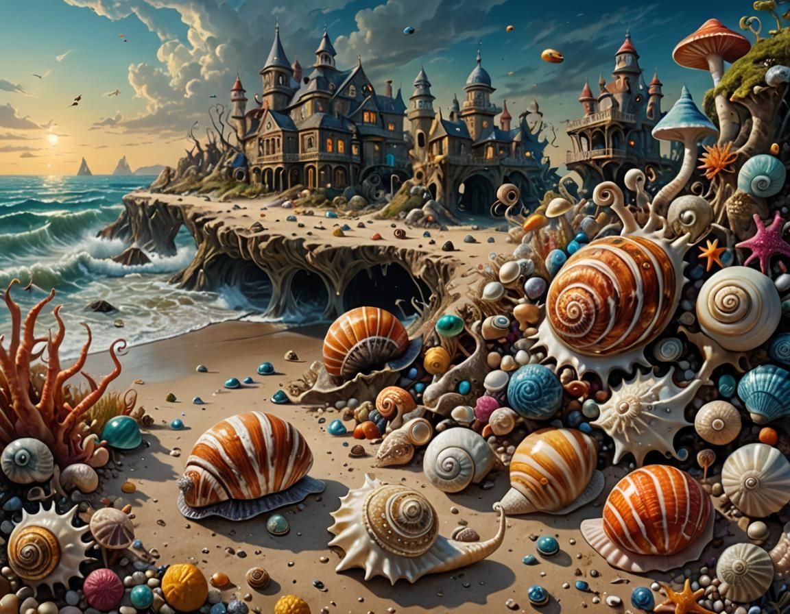 Surreal Shore Landscape with Exotic Sea Creatures