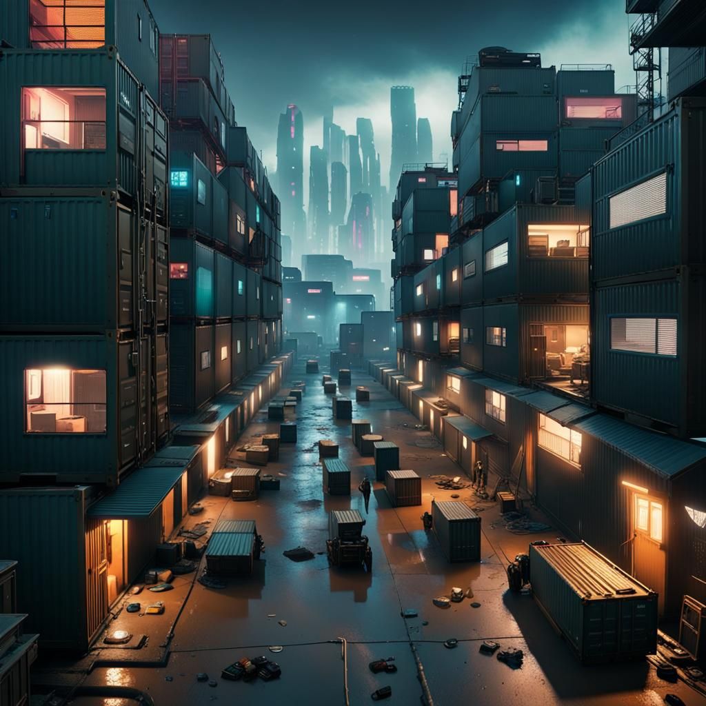Cyberpunk Cargo Container Apartments in Dimly Lit Slum
