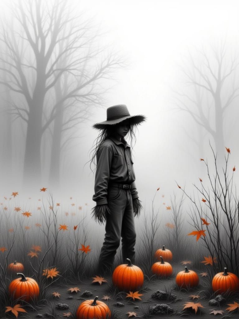 Monochrome Scarecrow in Misty Autumn Field