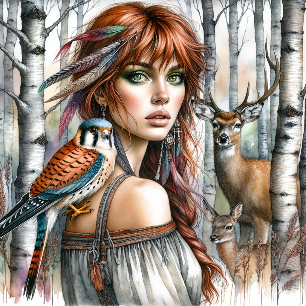 Boho Druidess Portrait with Kestrel in Watercolor