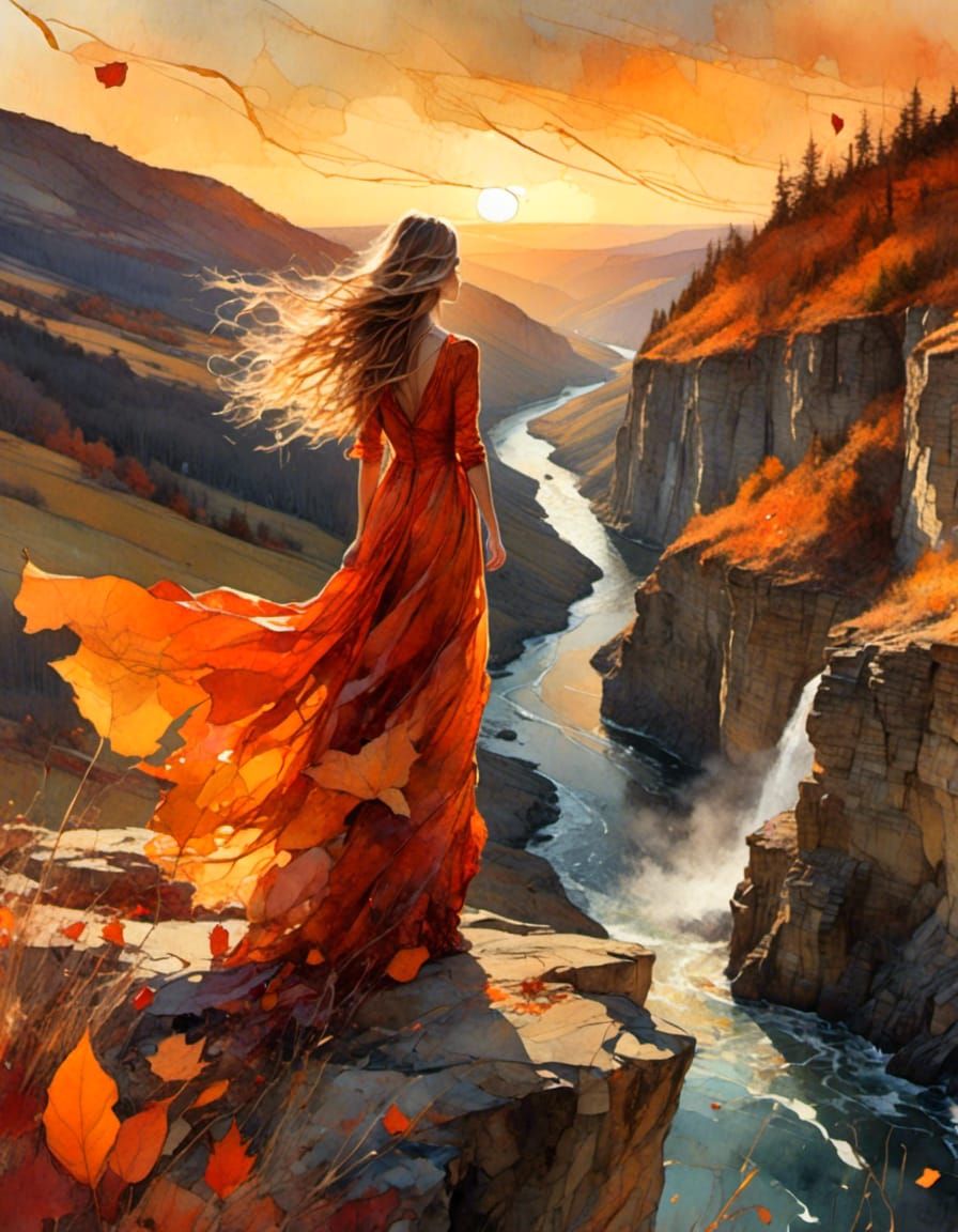 Woman on Windy Cliff at Sunset in Realistic Style