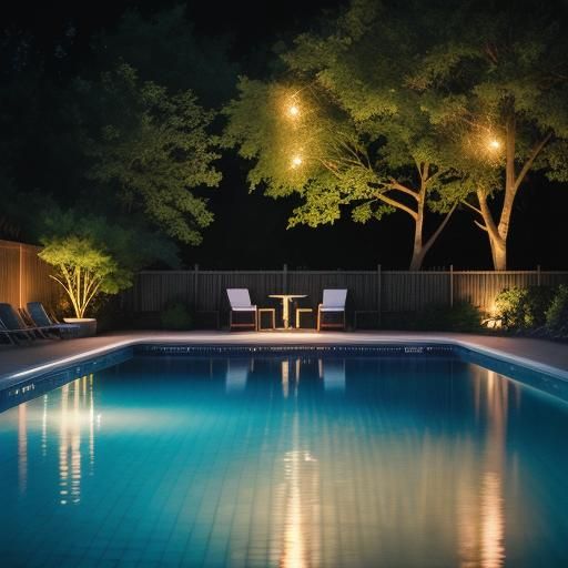 Glowing Swimming Pool at Night with Fireflies