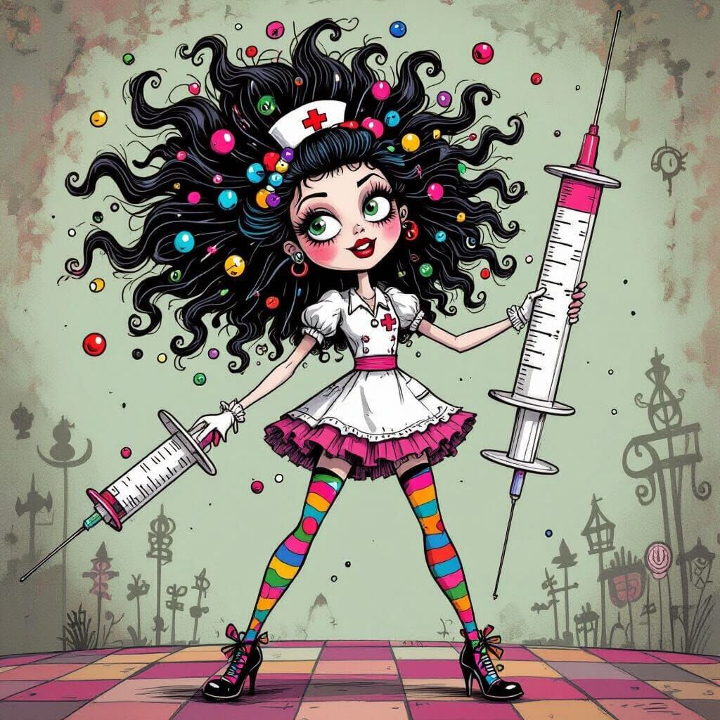 Quirky Nurse Sally with Pin-Ball Hair and Oversized Syringe