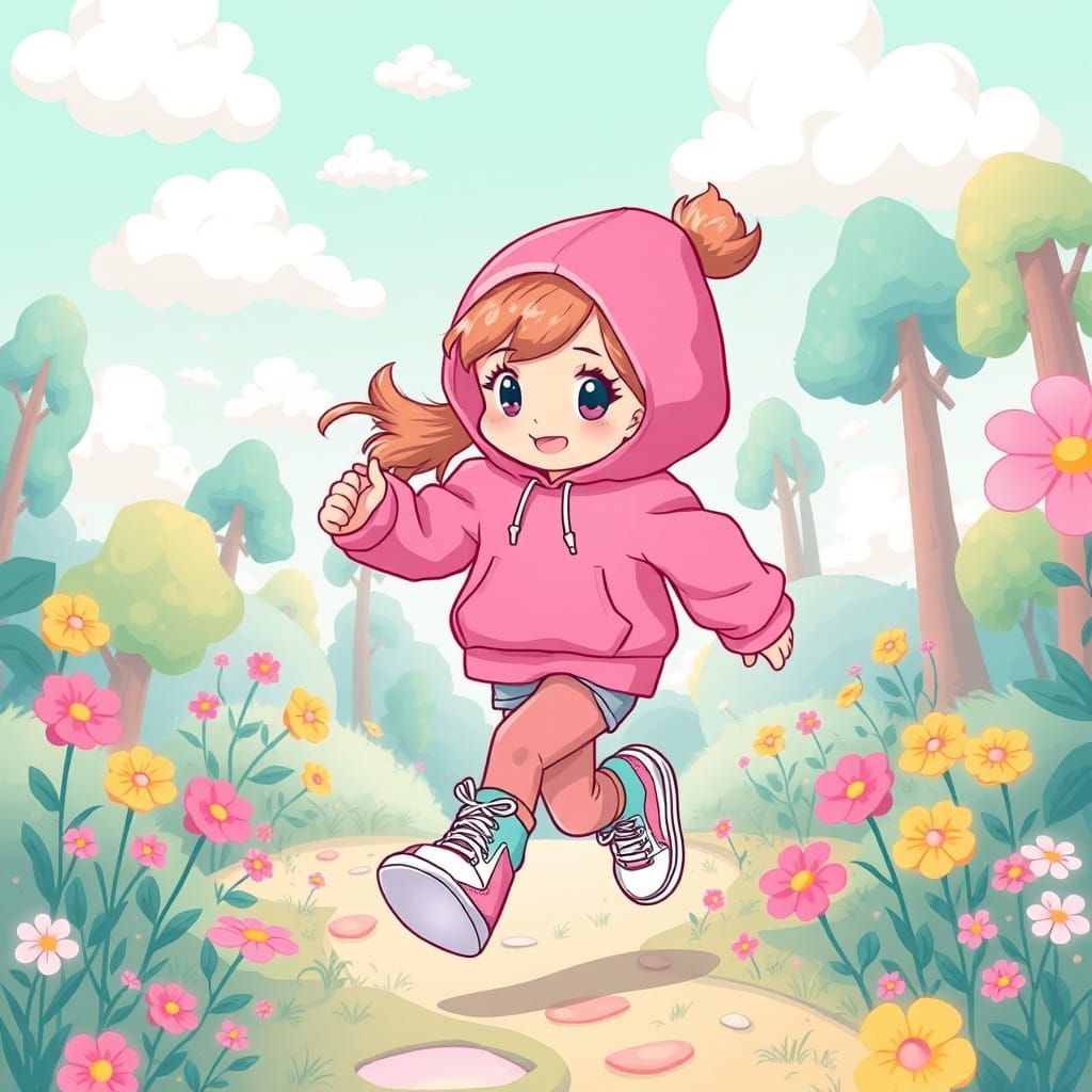 Kawaii Girl Running in Whimsical Pastel Forest