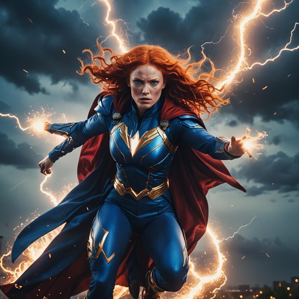 Dramatic Superhero Woman with Flaming Hair