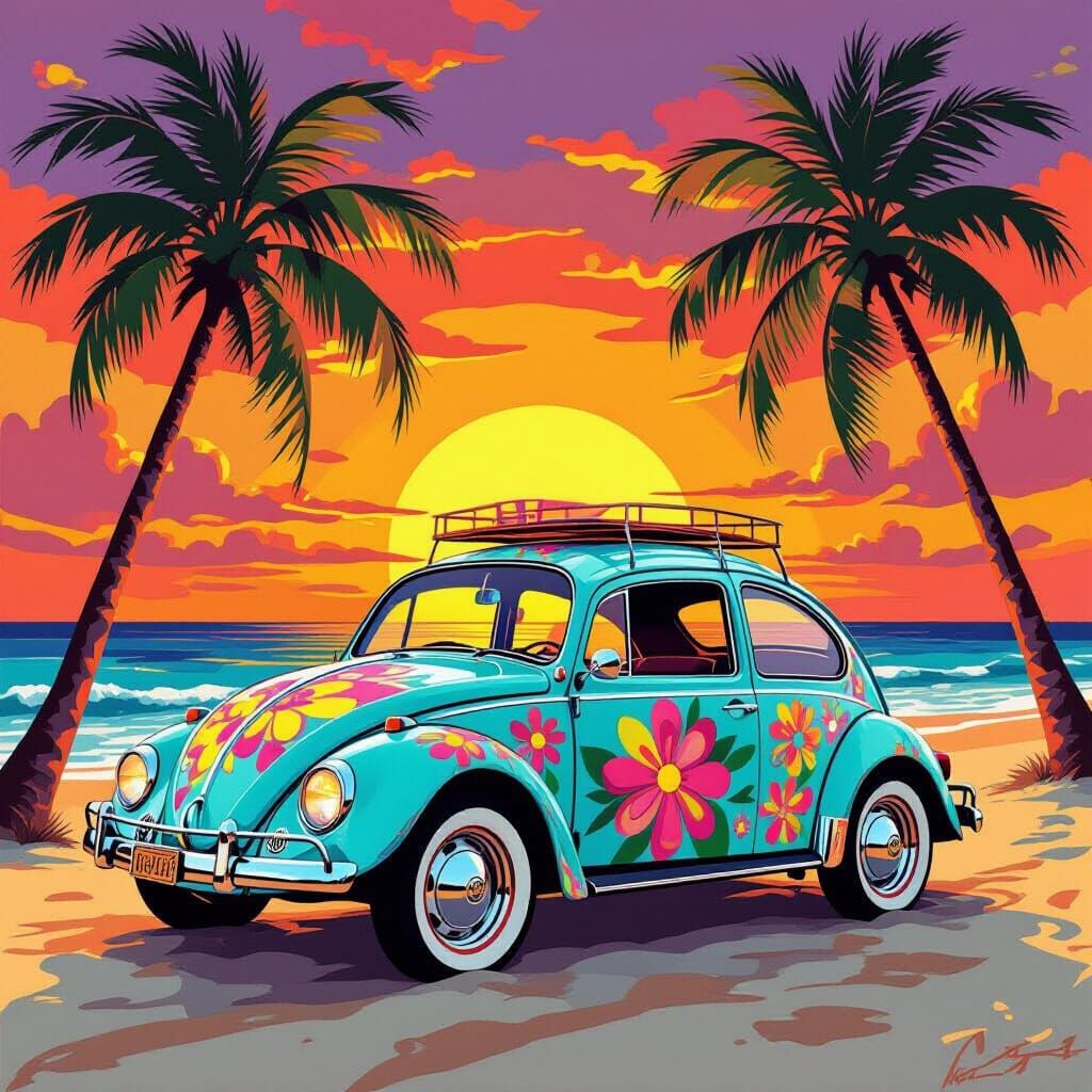 Psychedelic VW Beetle on Beach at Sunset