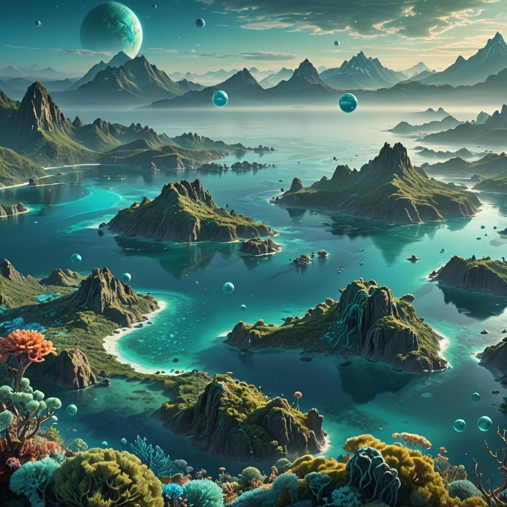 Turquoise Exoplanet Aerial View in Matte Painting Style
