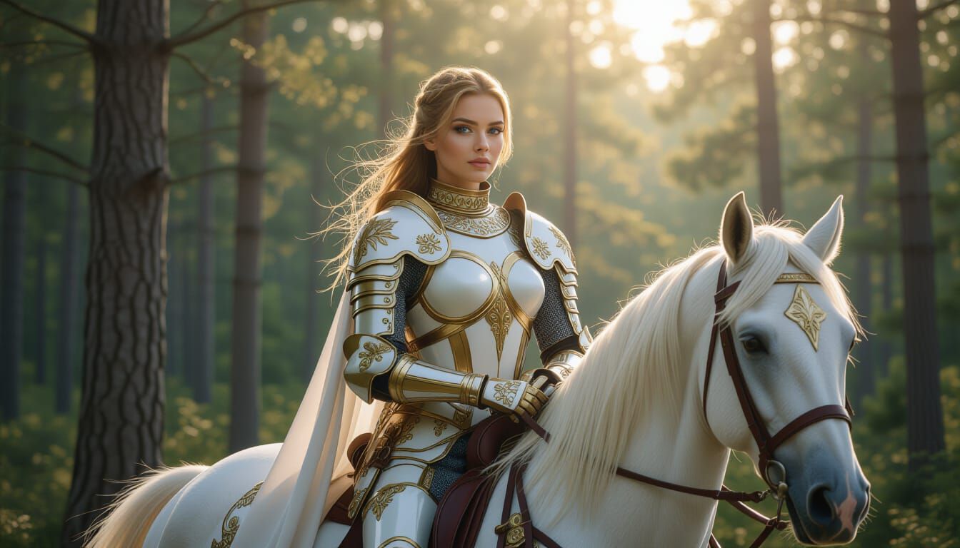 Woman Knight on Horseback in Forest at Dawn
