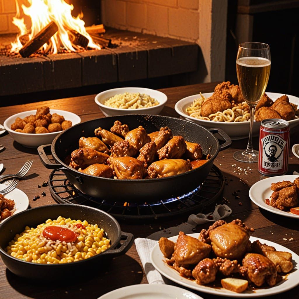 Surreal Still Life of Cursed Chicken Dinner in Flames