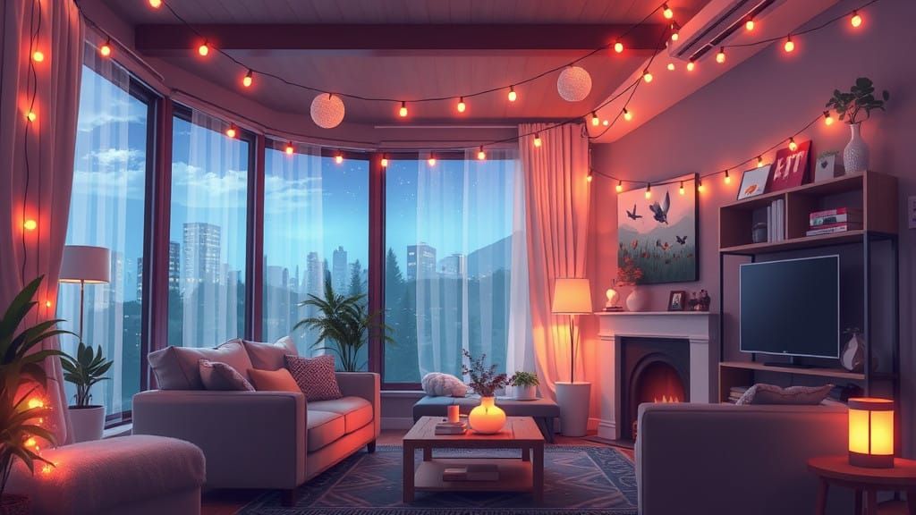 Soulful Anime-Inspired Cozy Living Room with Warm String Lig...