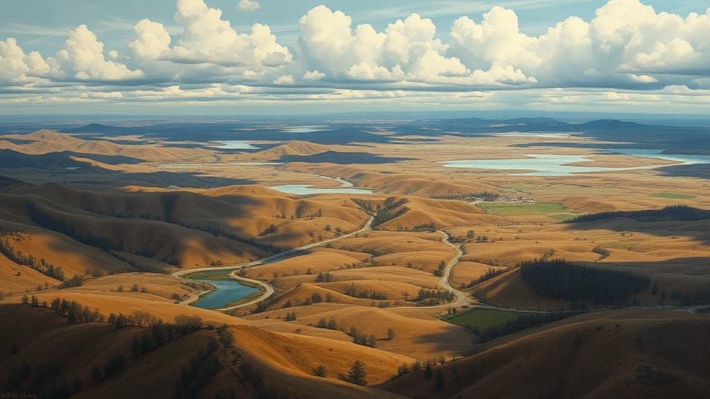 Sweeping Landscape with Undulating Hills in Mixed Media Styl...