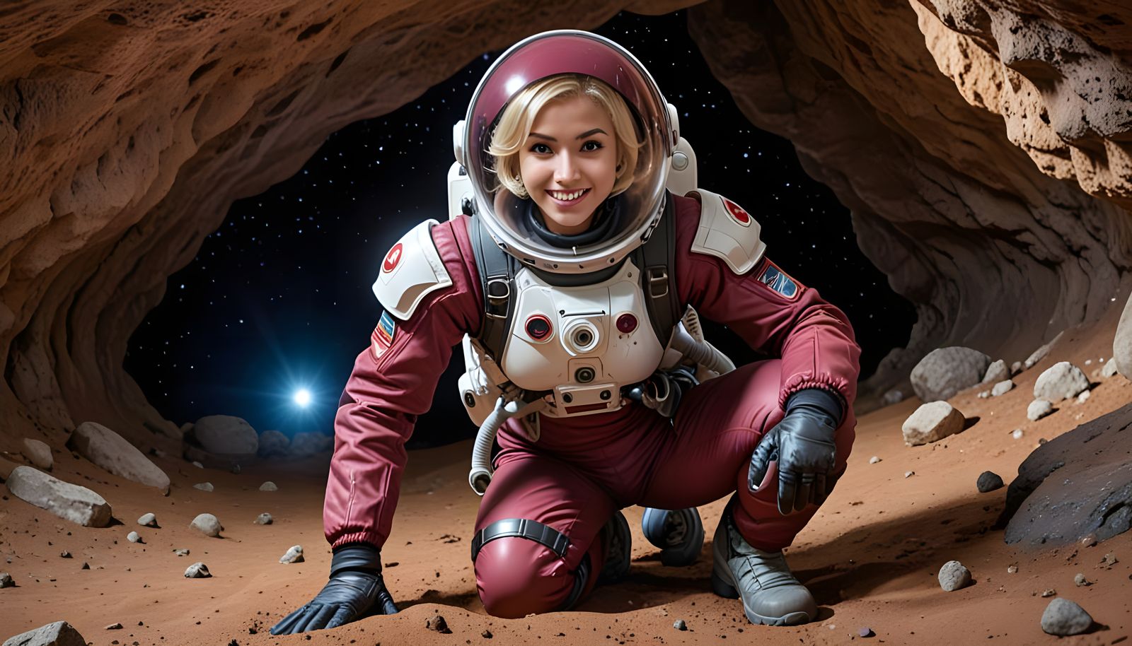 Algerian Astronaut Crouching in Martian Cave