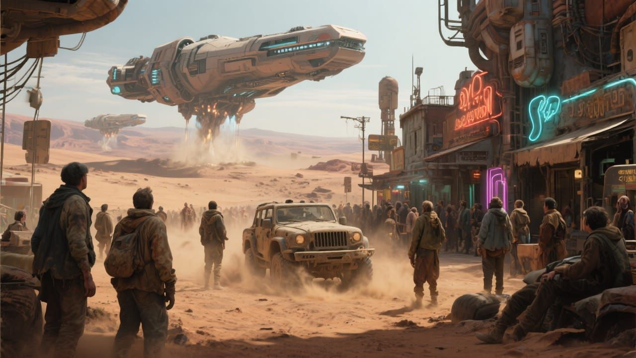 Desert Planet Spaceport Landing in Retro-Futuristic Style