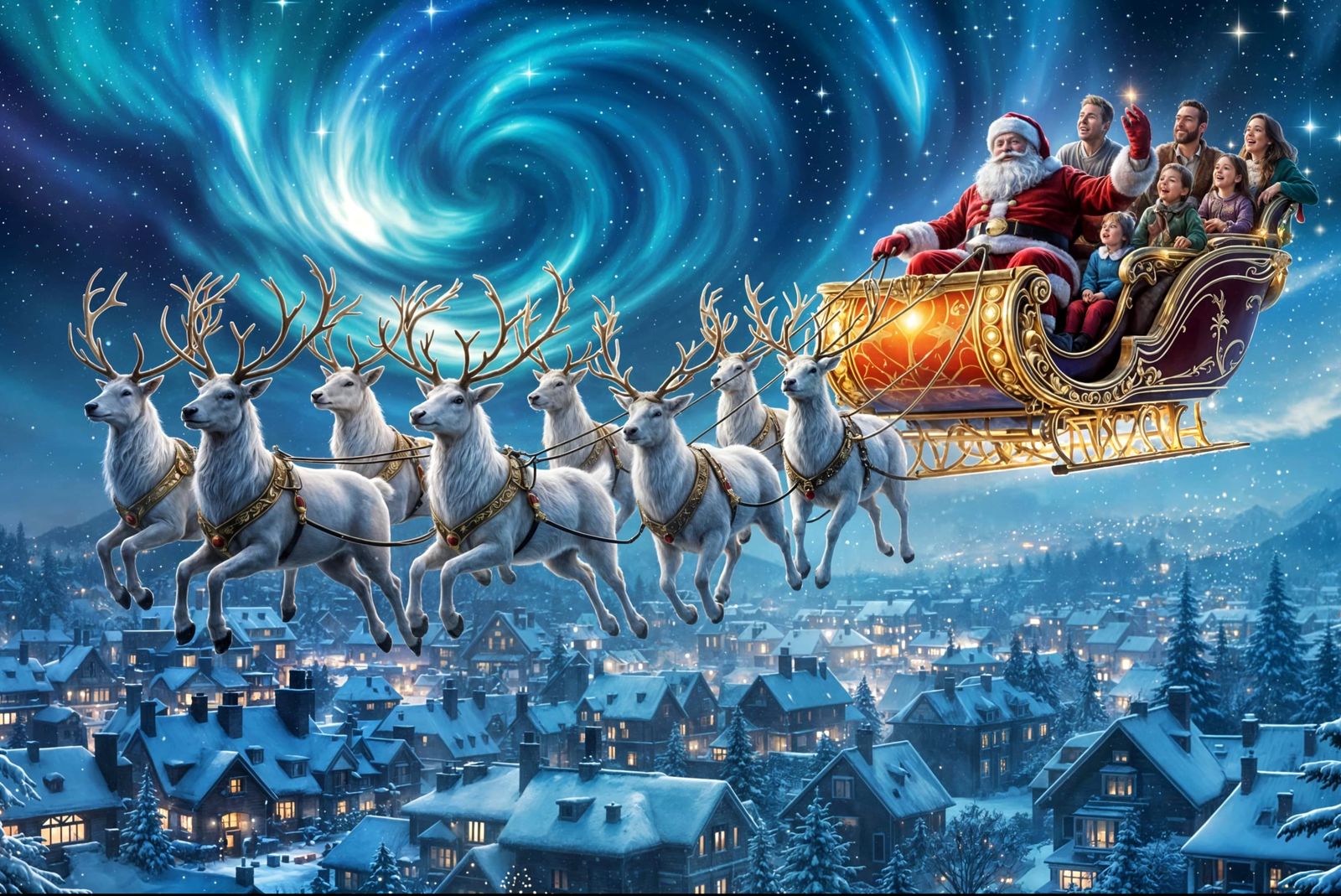 Santa's Vibrant Sleigh Ride Above the Rooftops in a Hypermax...