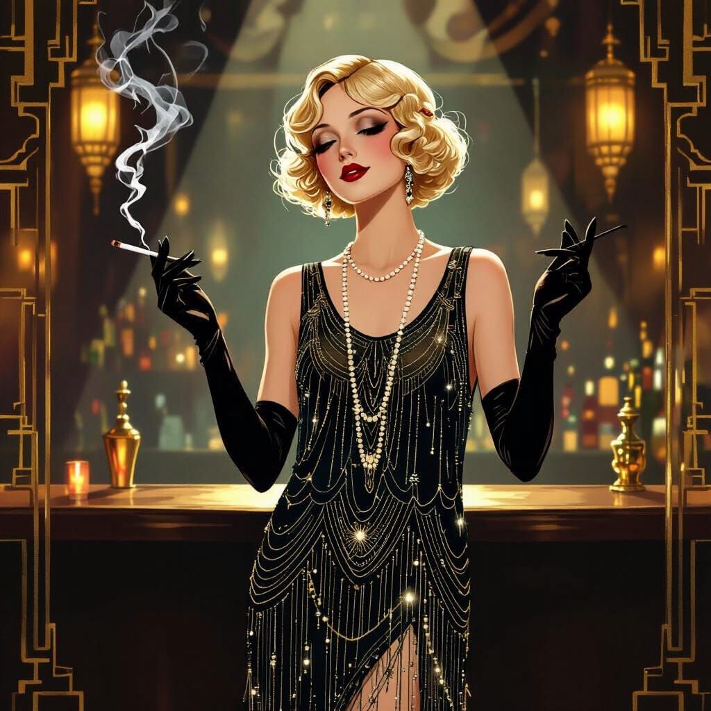 Glamorous 1920s Flapper Girl in Art Deco Speakeasy