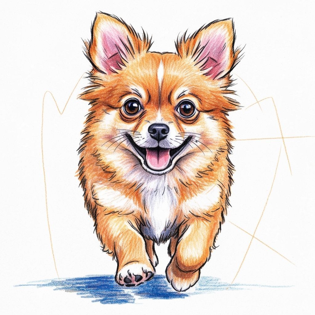 Happy Pomeranian Chihuahua Mix Puppy Drawn in Bold Crayon St...