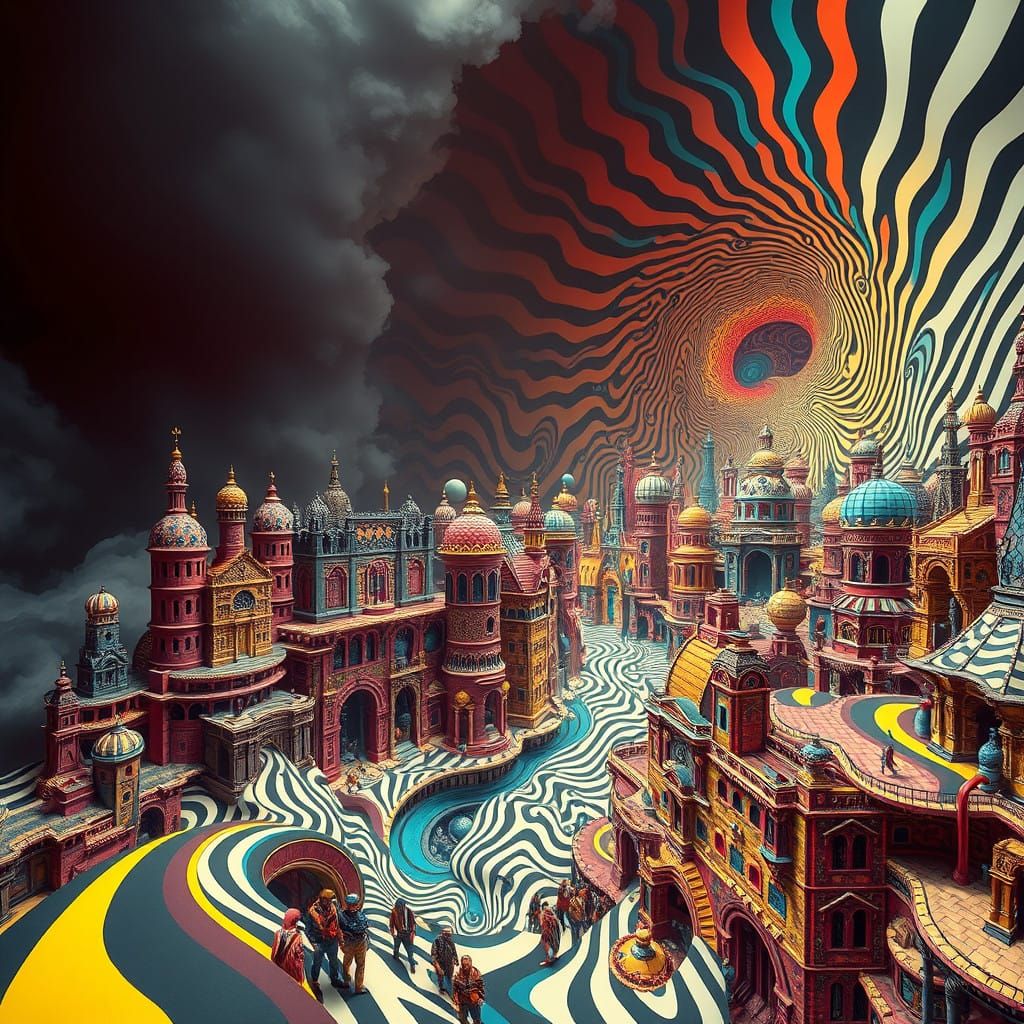 Vibrant, Dreamlike Cityscape in Op Art Style
