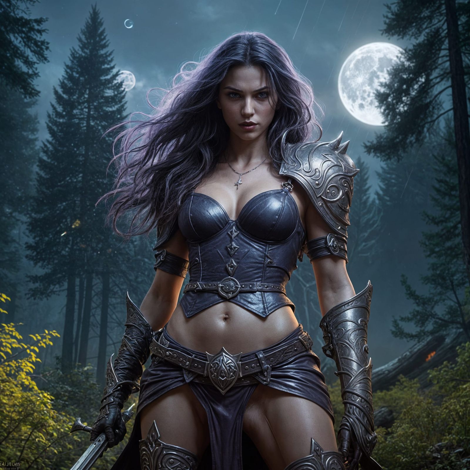 Gothic Vampire Warrior Battles Werewolf in Dark Forest