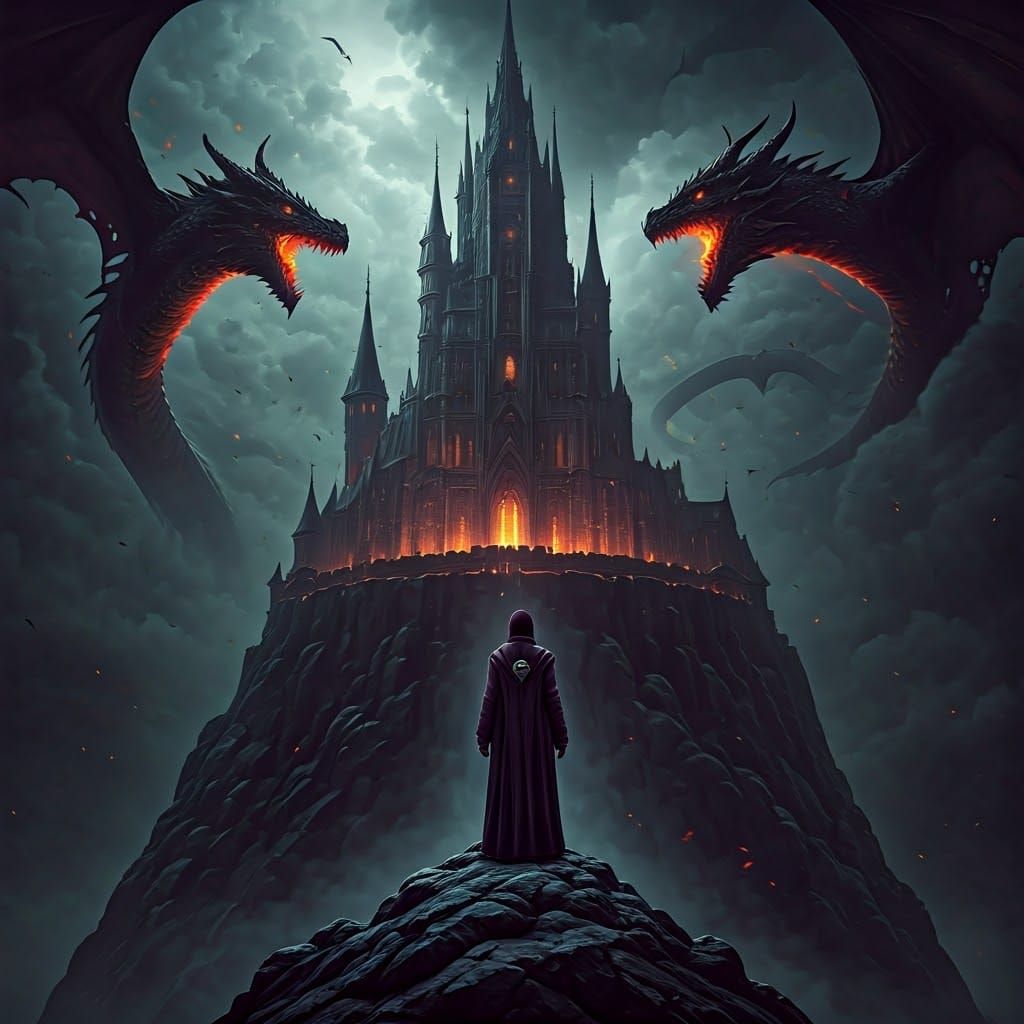 Dark Fantasy Mage with Dragons on Castle