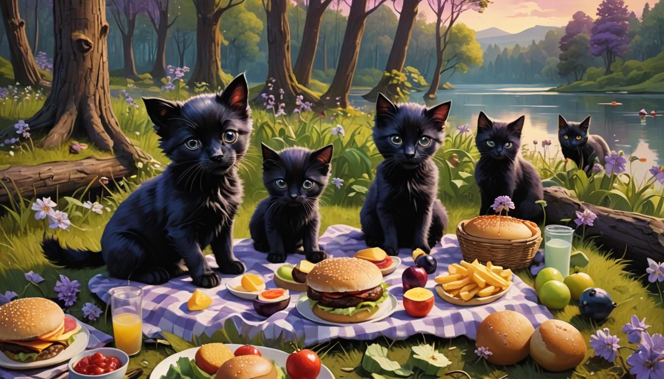 Dog and Kitten Picnic: Whimsical 3D Illustration