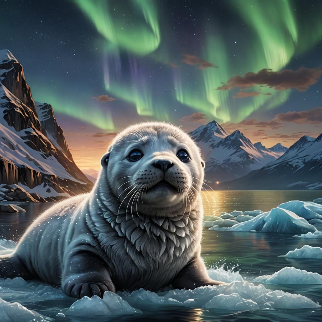 Baby Seal Gazes at Northern Lights in Photorealistic Style