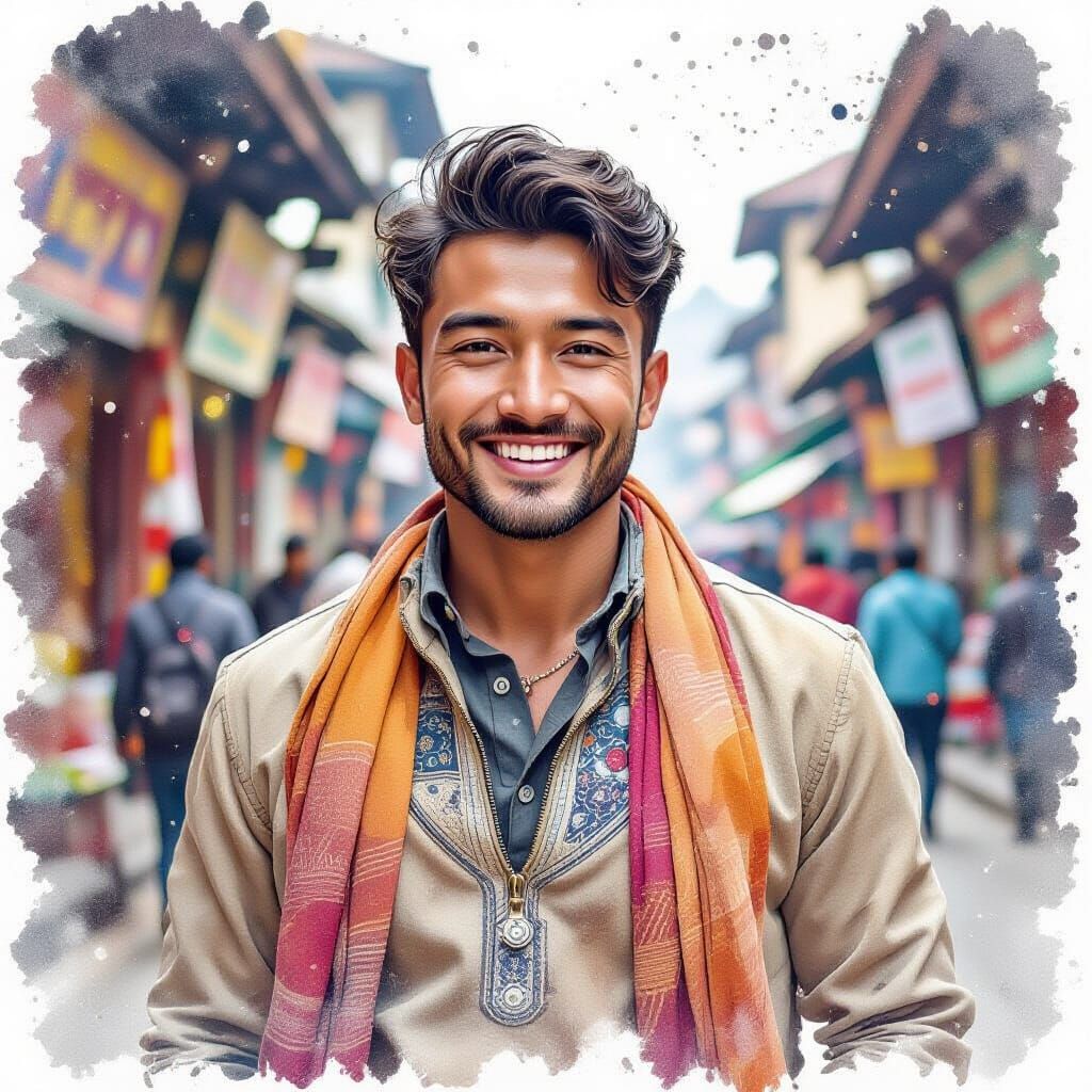 Smiling Nepal Man in Watercolor Splatter Style