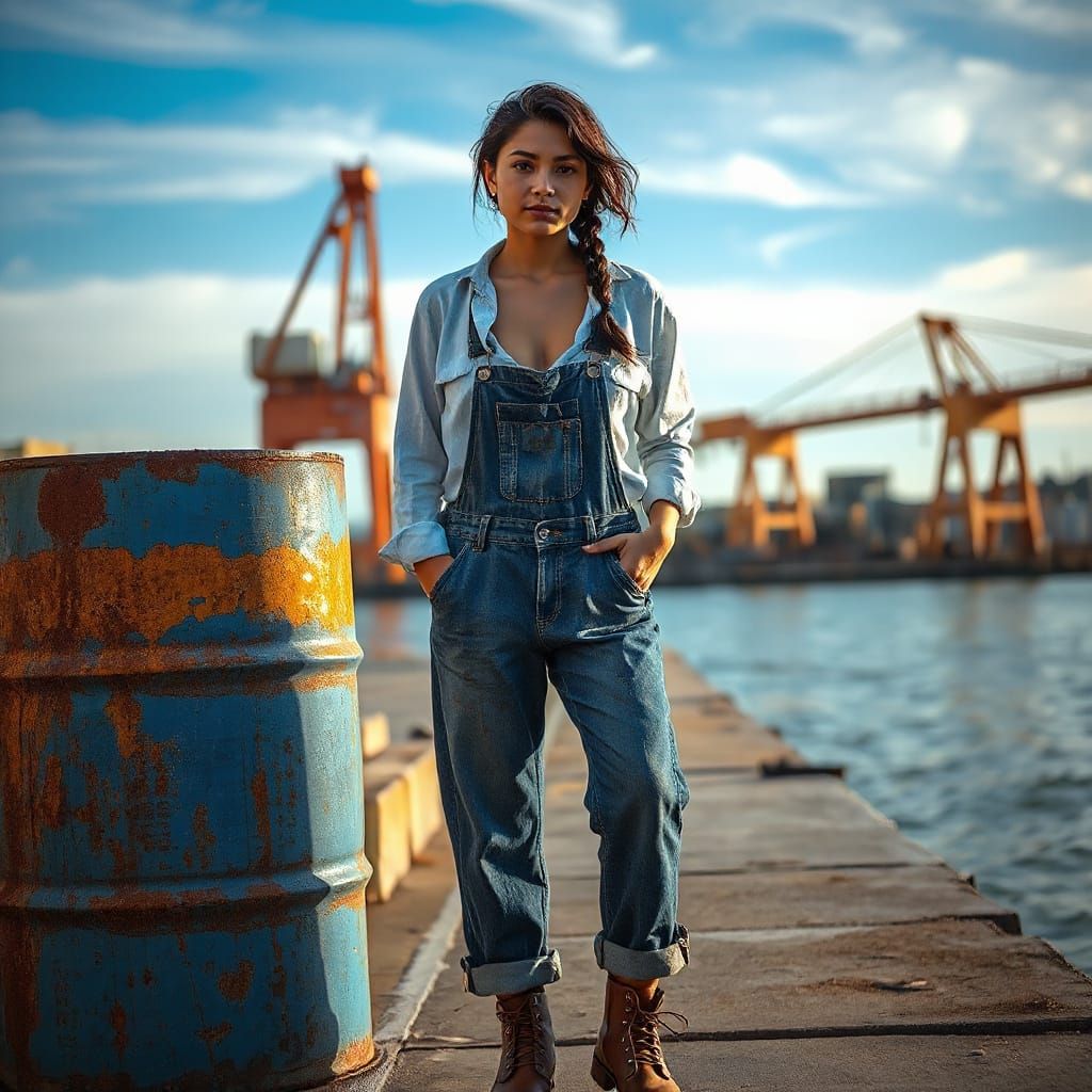 Confident Woman on Dock Beside Rusted Barrel