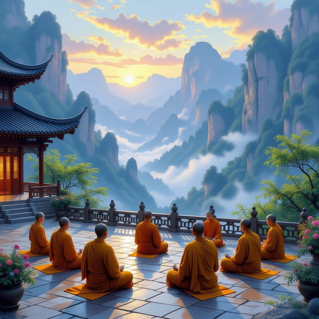 Serene Mountaintop Monastery: Impressionistic Monks Meditati...